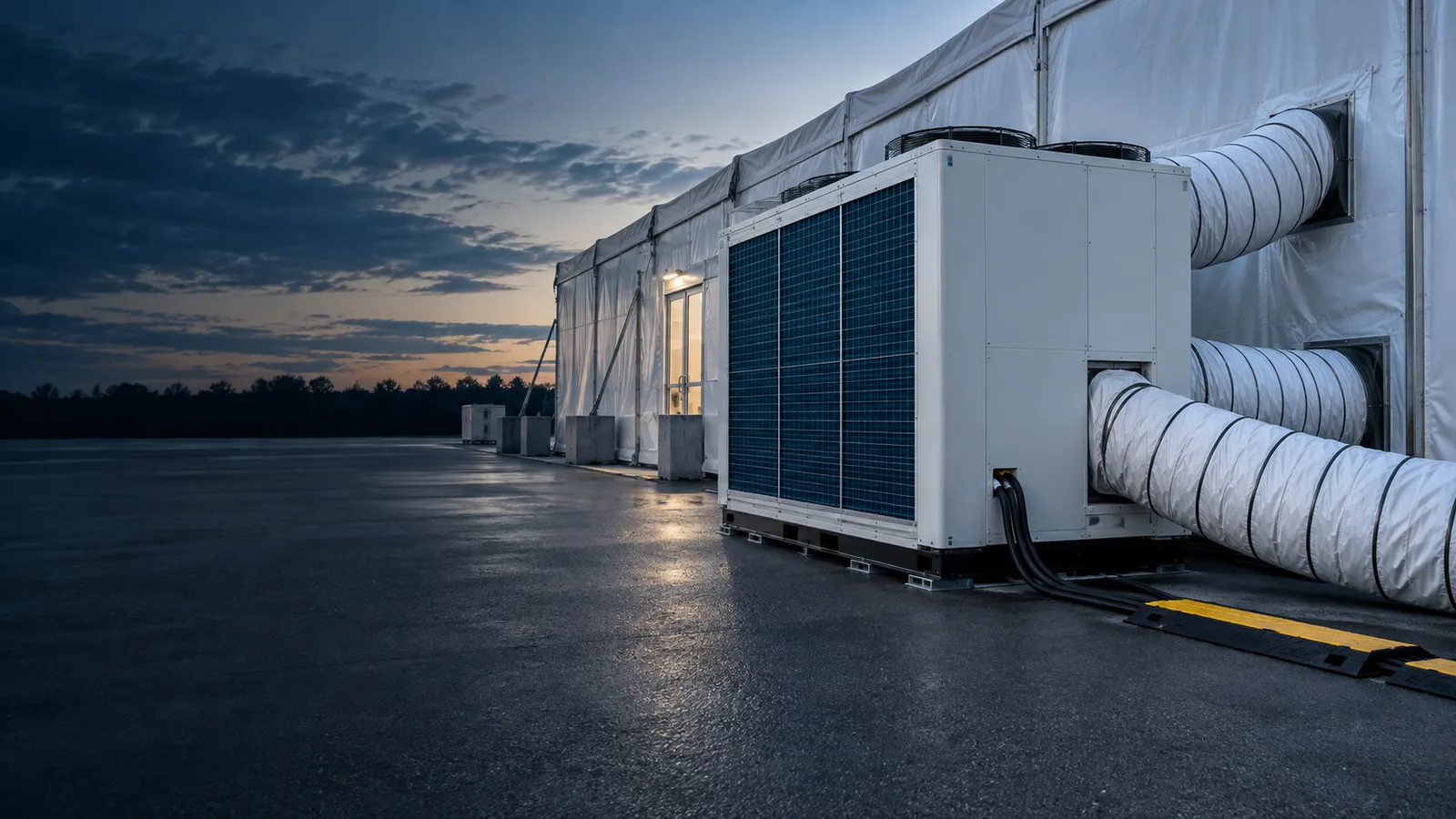 Portable commercial HVAC equipment connected to a temporary facility